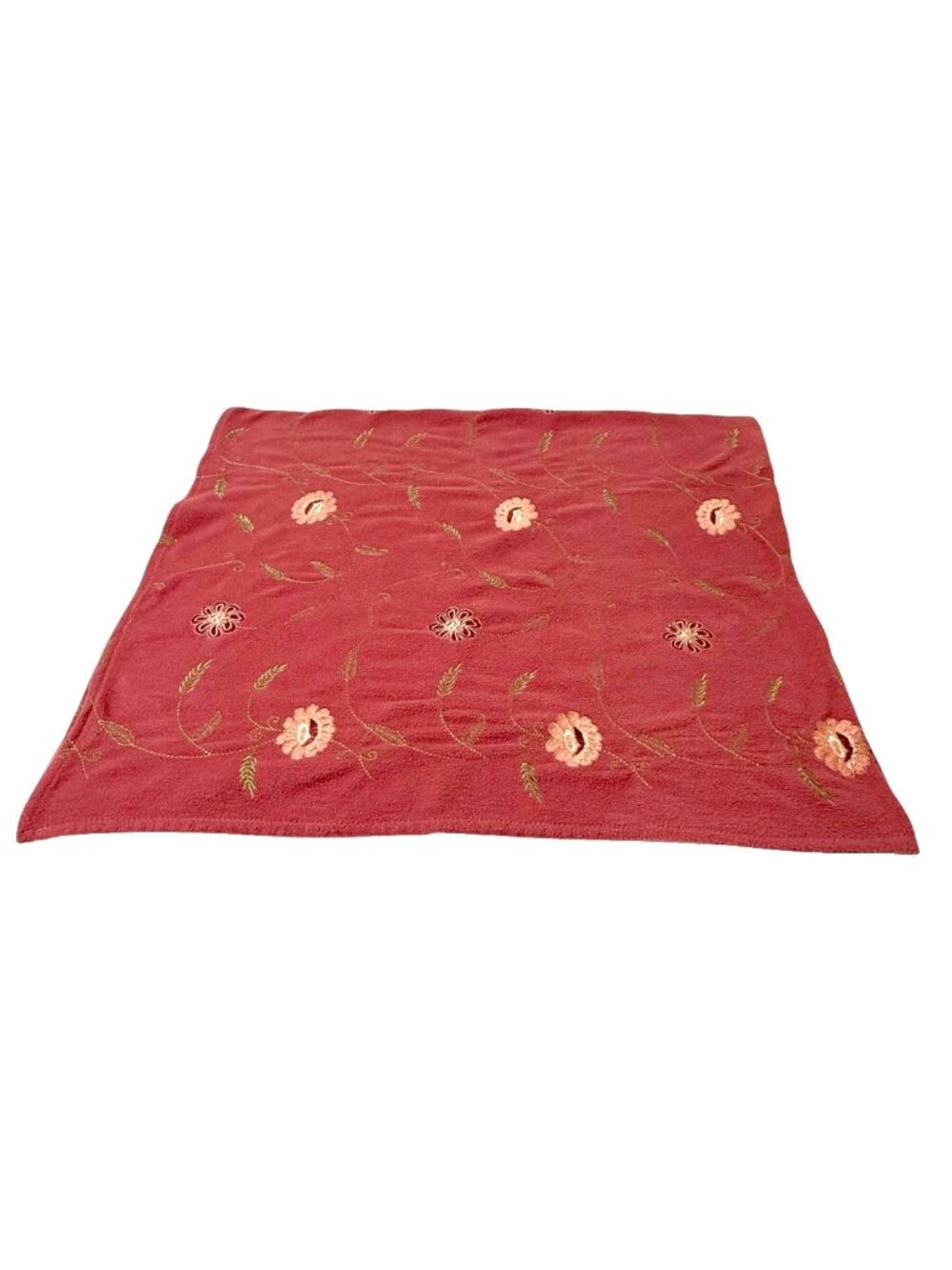 Handmade Throw Fleece Lap Blanket Coral Embroidered Floral 68"x58" Vintage